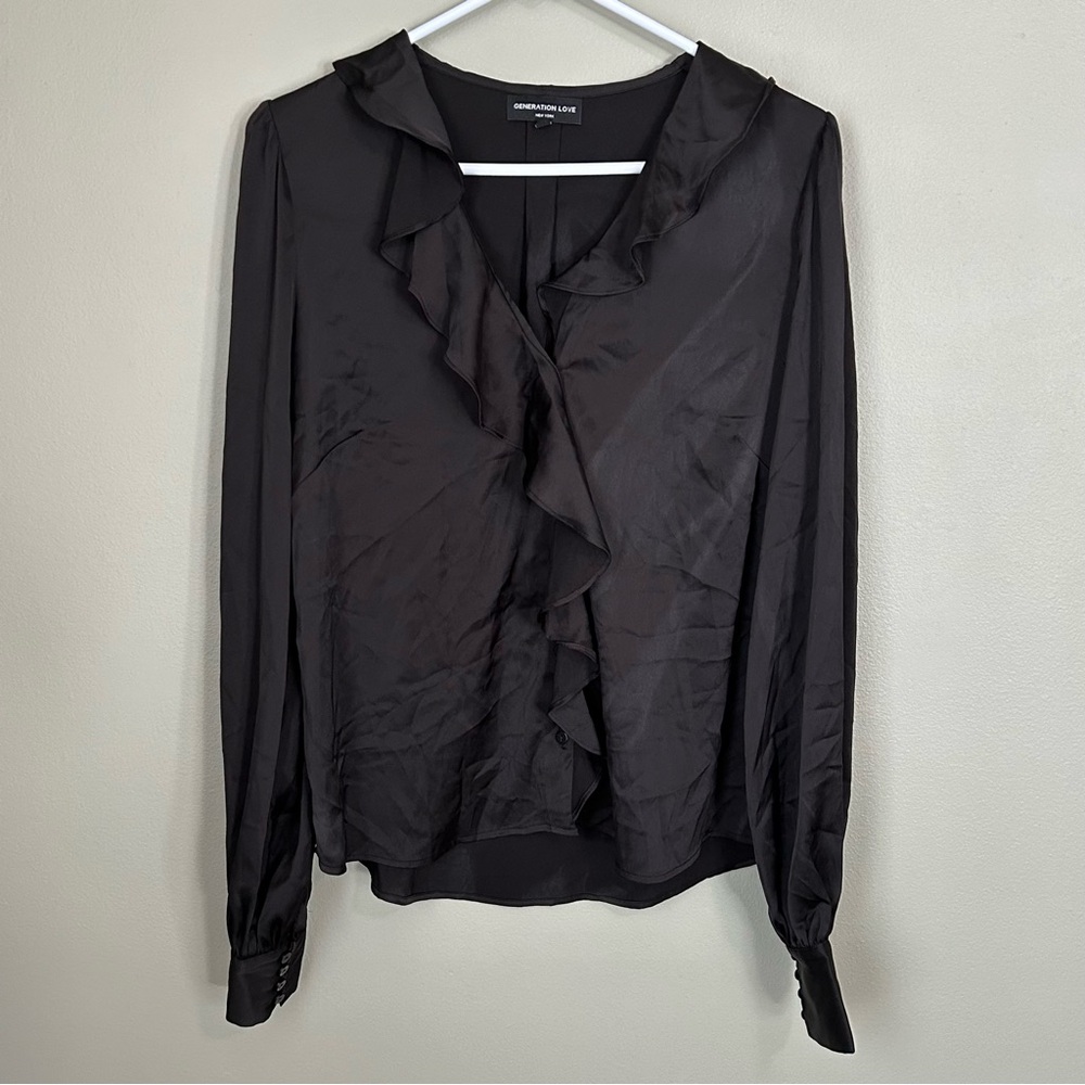 NEW generation love black ruffle satin valentine button up blouse women’s small
